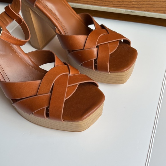 Zara Retro Leather Platform Tan / Brown Block Heels Strappy Sandals - Picture 2 of 6